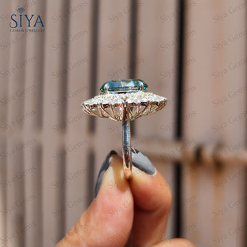 Cyan Blue Oval Moissanite Engagement Ring Vintage Star Brust Double Halo Wedding Ring 18k Solid Gold Anniversary Ring Promise Ring For Her